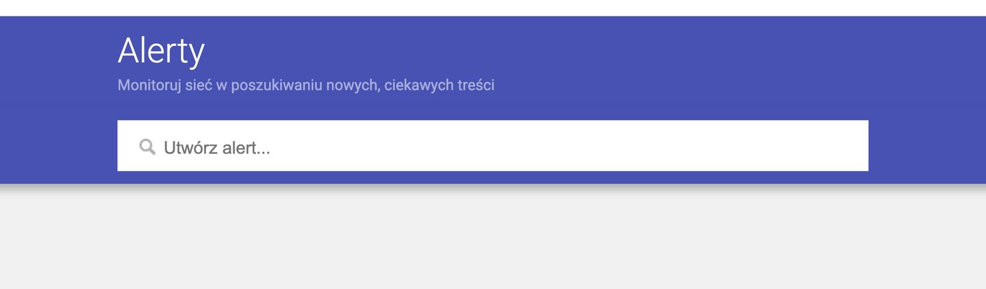 Strona Alertów Google z fioletowym nagłówkiem i polem Utwórz alert