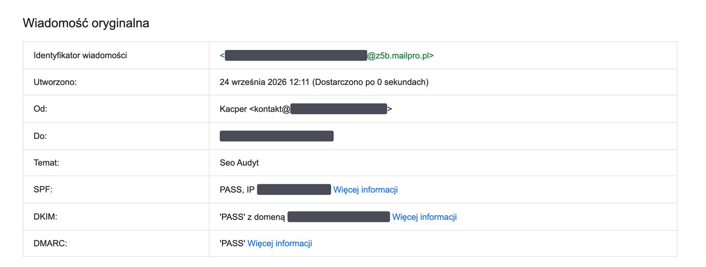Okno Wiadomość oryginalna w Gmailu z wierszami SPF, DKIM i DMARC oznaczonymi jako PASS, dane nadawcy zamazane