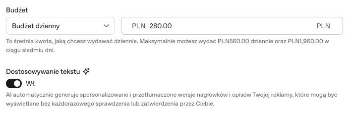 Pole budżetu z domyślną kwotą 280 zł dziennie, informacją o limitach 560 zł dziennie i 1960 zł tygodniowo oraz włączonym przełącznikiem Dostosowywanie tekstu