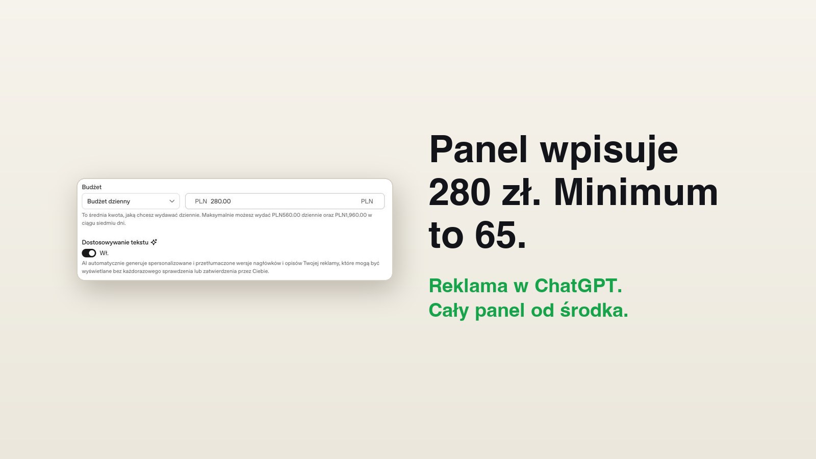 Okładka artykułu o reklamie w ChatGPT: pole budżetu w panelu OpenAI z kwotą 280 zł