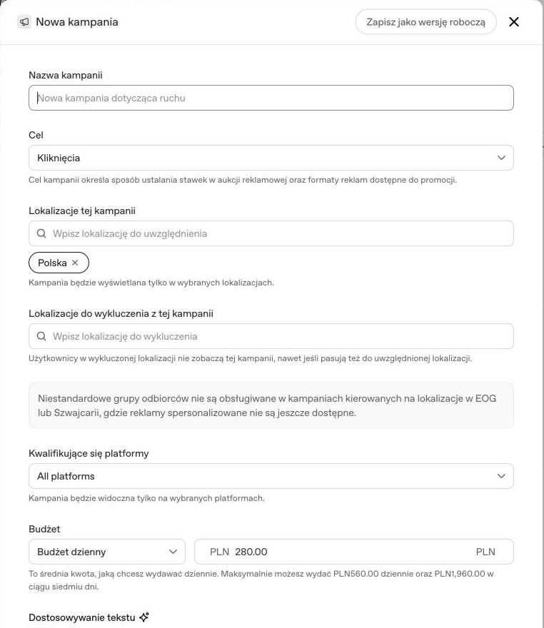Formularz nowej kampanii w panelu OpenAI: nazwa, cel, lokalizacje, platformy i budżet