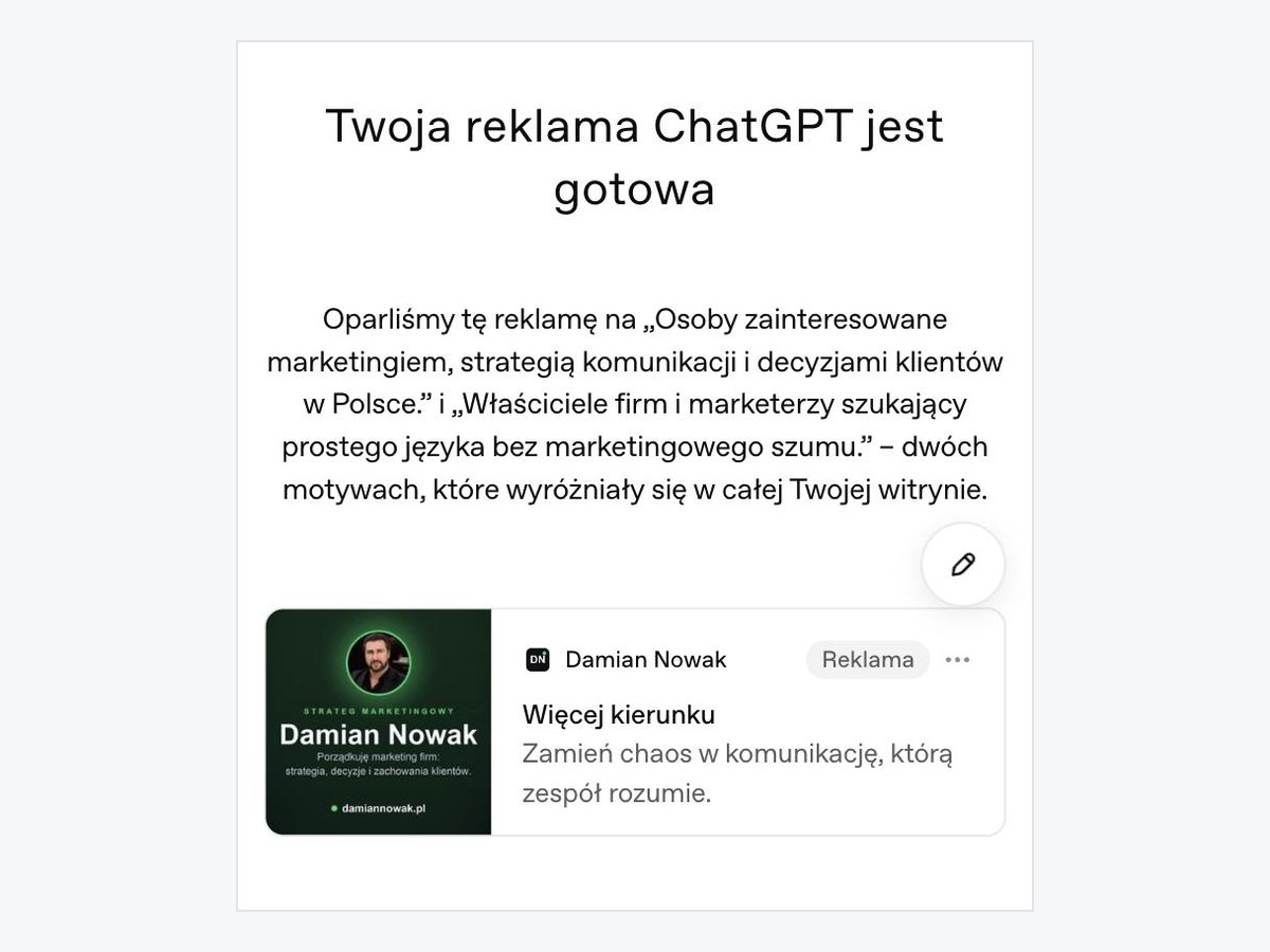 Wygenerowana reklama w ChatGPT z nagłówkiem Więcej kierunku i opisem oraz wyjaśnieniem, na jakich motywach powstała