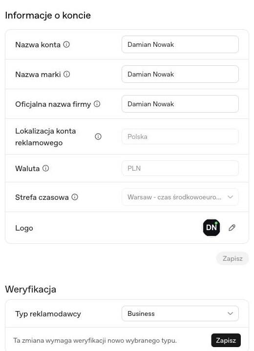 Ustawienia konta reklamowego: nazwa konta, nazwa marki, oficjalna nazwa firmy, lokalizacja Polska, waluta PLN, strefa czasowa Warszawa oraz typ reklamodawcy