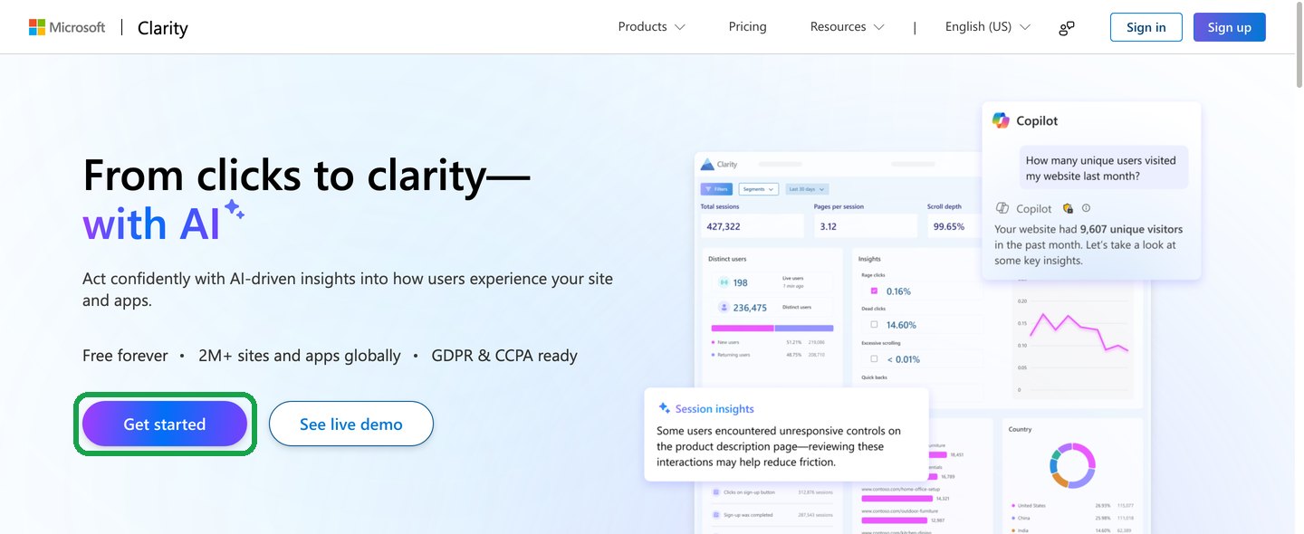 Strona startowa Microsoft Clarity z fioletowym przyciskiem Get started zaznaczonym na zielono