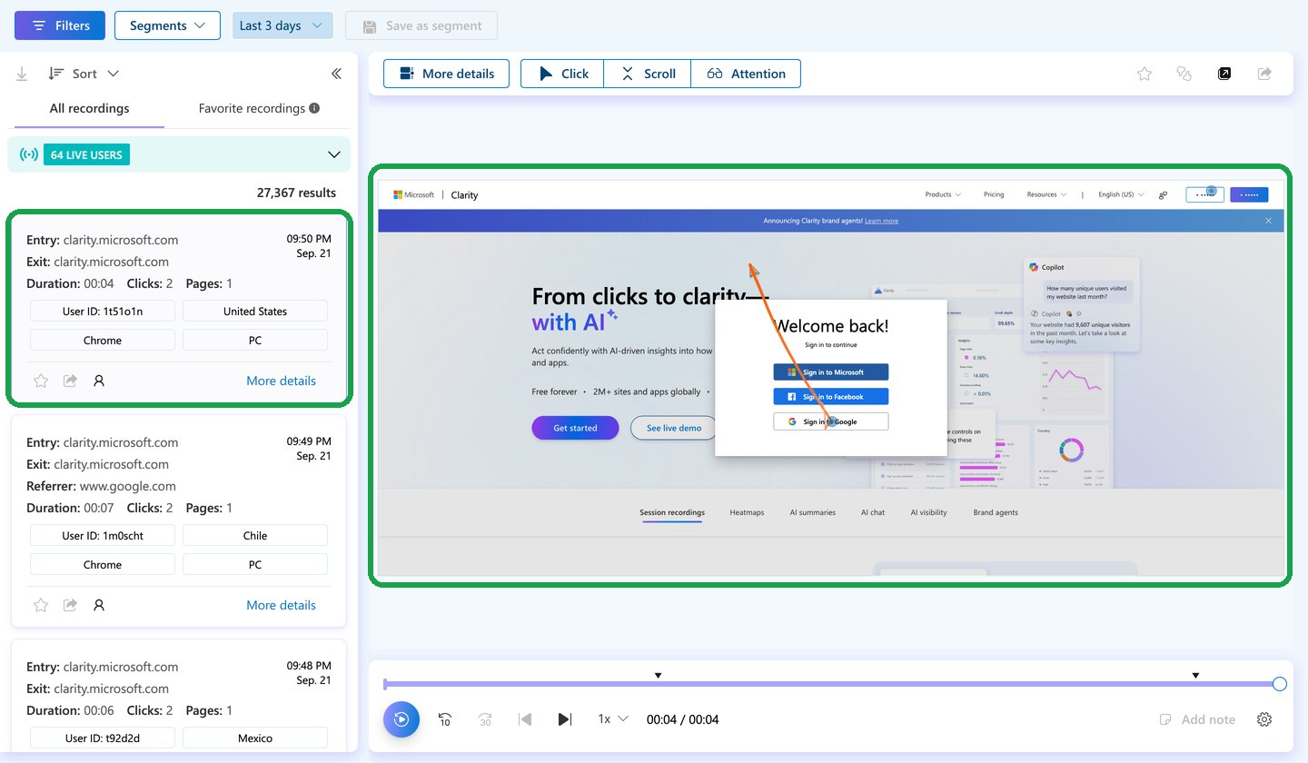 Zakładka Recordings w Microsoft Clarity: lista nagranych wizyt po lewej i odtwarzane nagranie po prawej z pomarańczową linią ruchu kursora