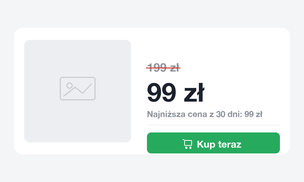 Zrzut ekranu z informacją: najniższa cena z 30 dni przed obniżką 99 zł, obok ceny promocyjnej 99 zł, dowód że przecena jest pozorna.