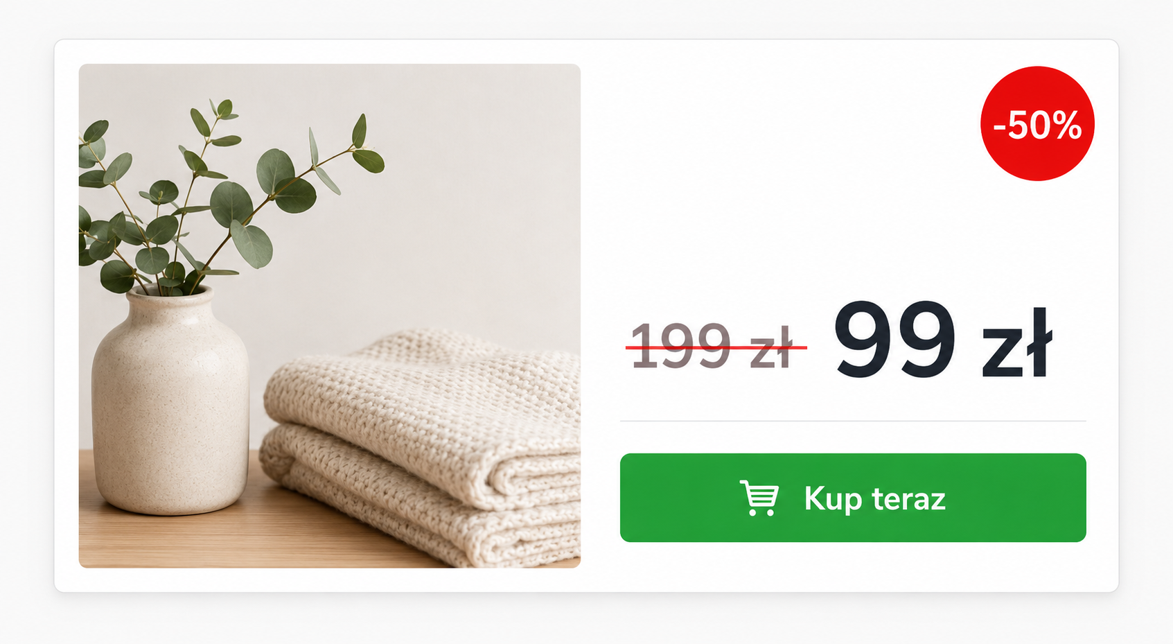 Zrzut ekranu karty produktu: przekreślone 199 zł, obok dużą czcionką 99 zł i etykieta minus 50 procent, przykład sztucznej przeceny.