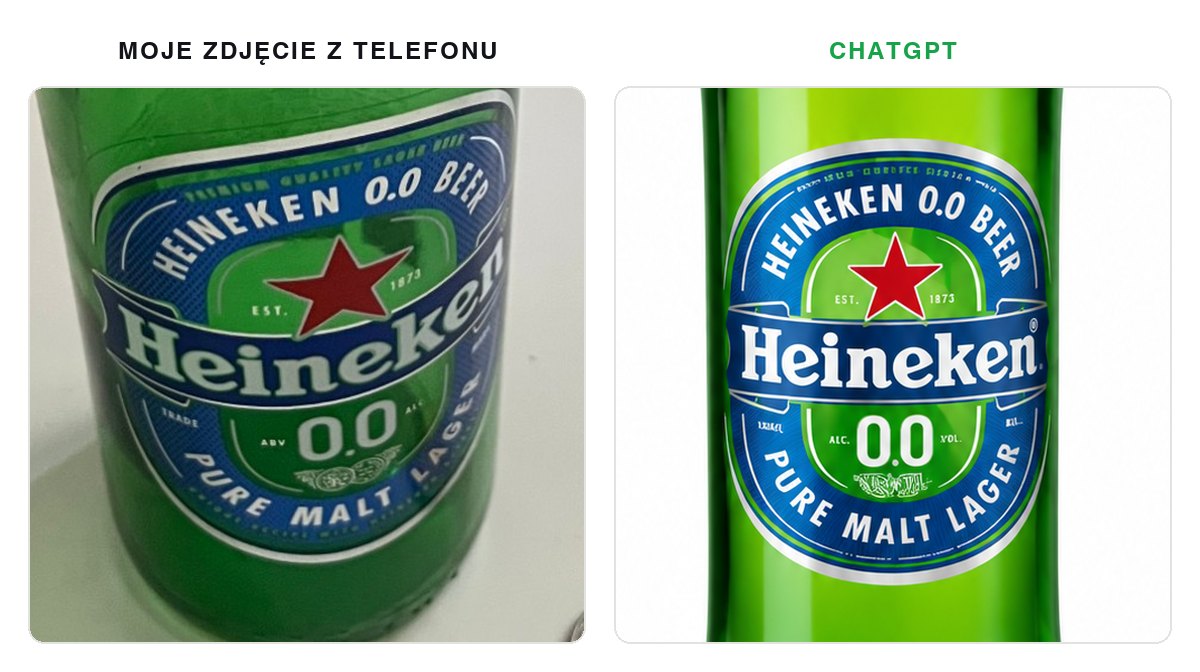 Zbliżenie etykiety Heineken 0.0: po lewej z mojego zdjęcia, po prawej z ChatGPT. Logo, czerwona gwiazda i duże napisy są takie same