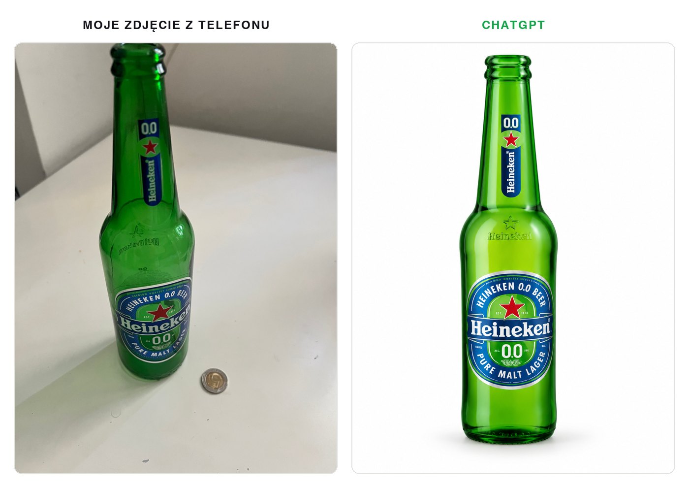 Po lewej zdjęcie butelki Heineken 0.0 z telefonu na białym blacie, po prawej ta sama butelka z ChatGPT na białym tle z miękkim cieniem