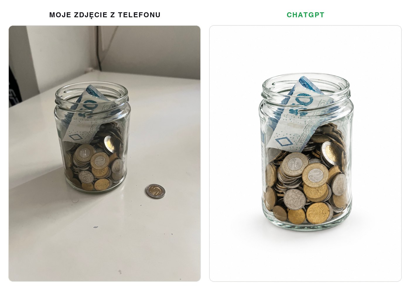 Po lewej zdjęcie słoika z monetami i banknotem z telefonu, po prawej słoik z ChatGPT na białym tle