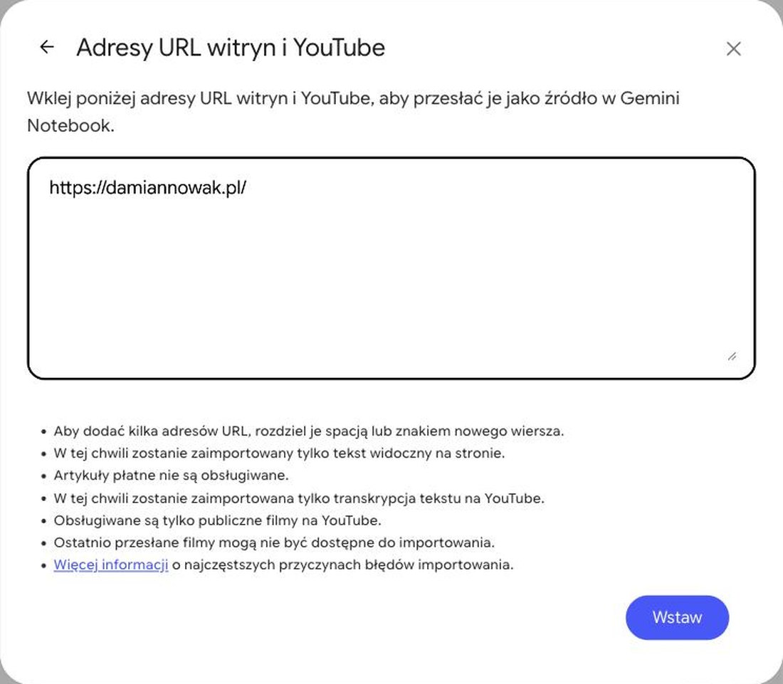 Okno Adresy URL witryn i YouTube w Gemini Notebook z wklejonym adresem damiannowak.pl i niebieskim przyciskiem Wstaw