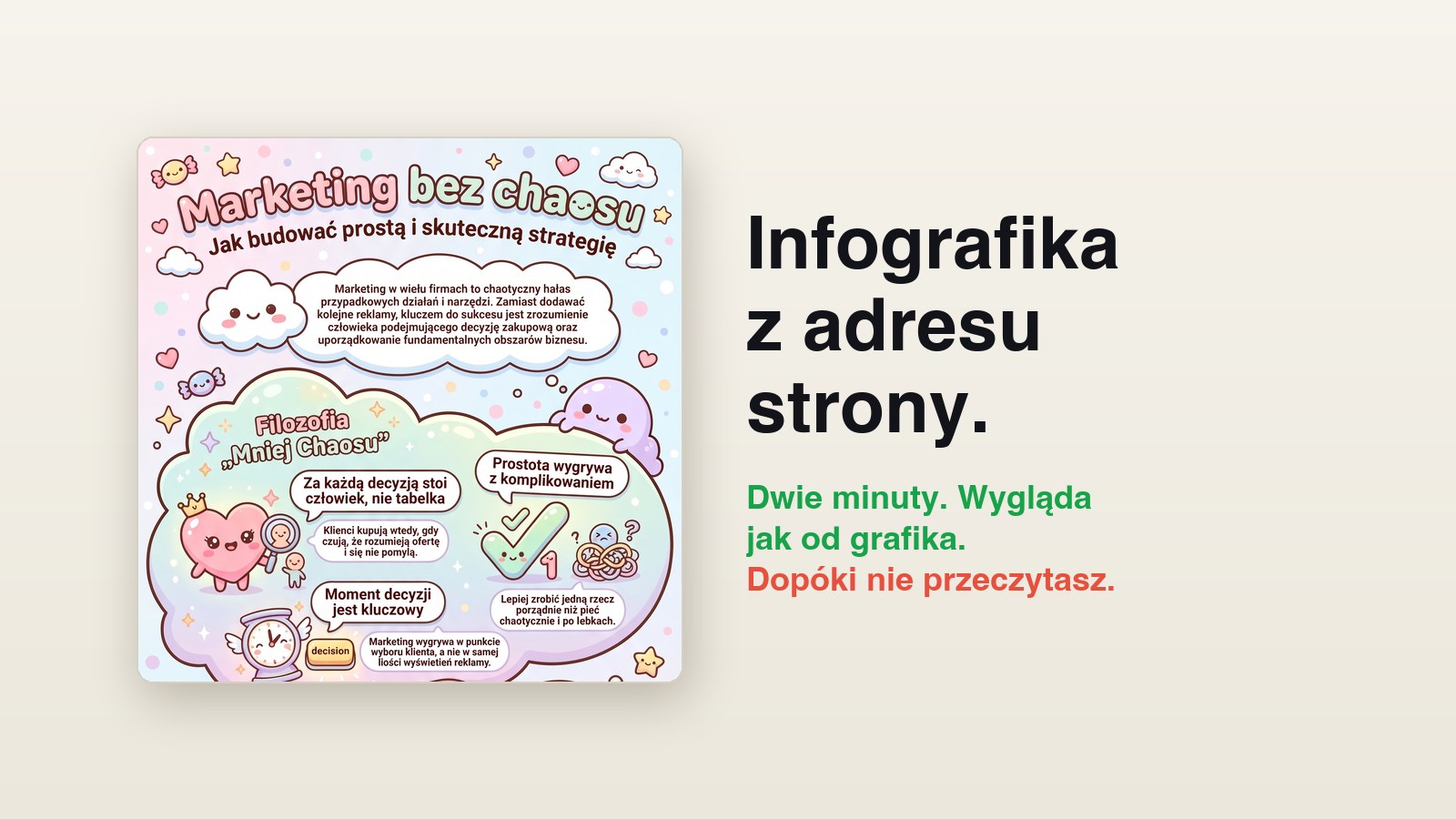 Okładka artykułu o infografice z Gemini Notebook: kolorowa grafika w stylu Kawaii o marce Mniej chaosu