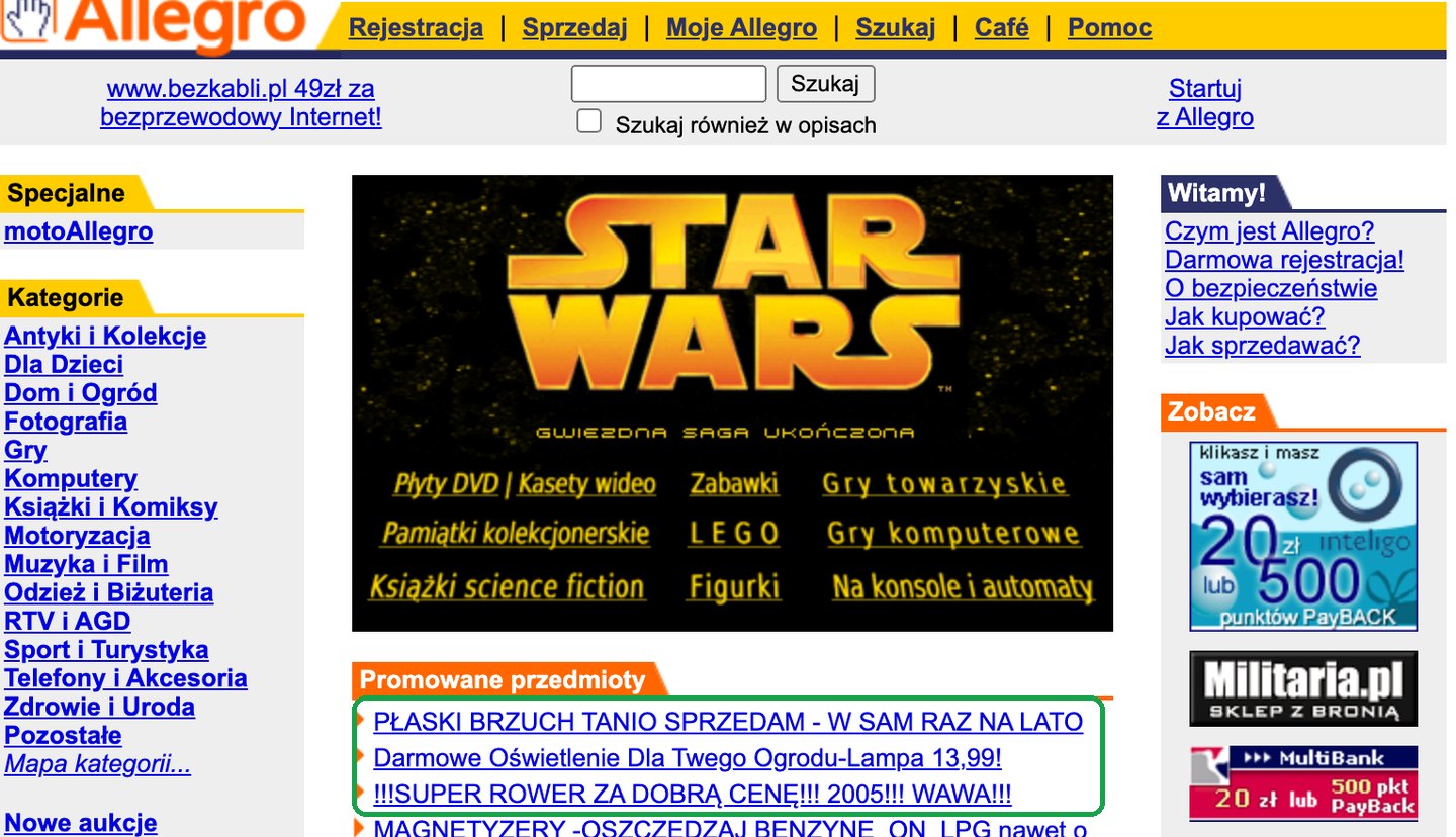 Strona Allegro z czerwca 2005 roku w archiwum internetu, z banerem Star Wars i listą promowanych przedmiotów