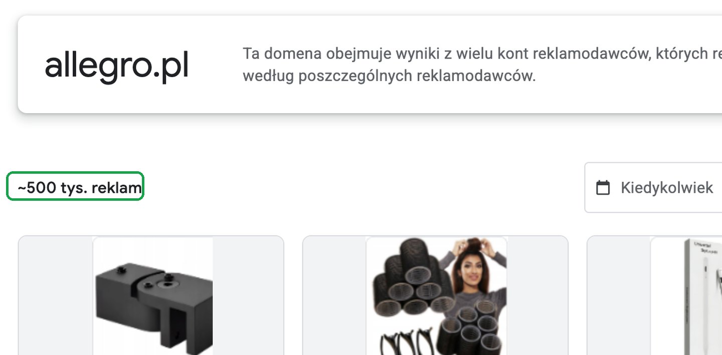 Centrum przejrzystości reklam Google: domena allegro.pl, liczba reklam i przykładowe reklamy produktowe