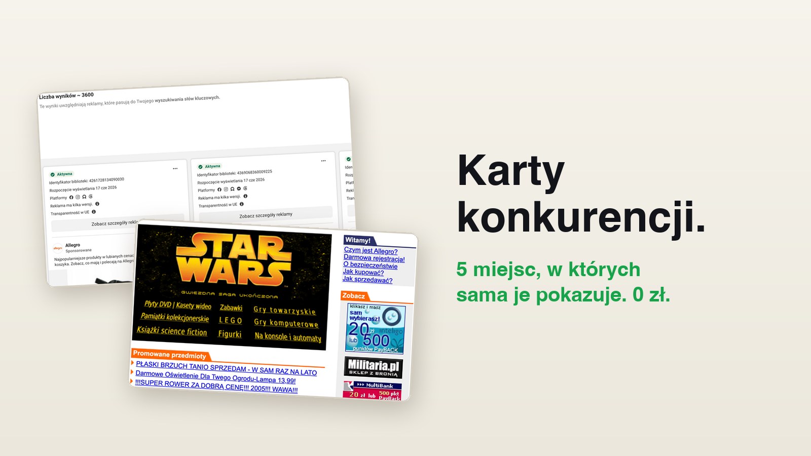 Biblioteka reklam Meta z aktywnymi reklamami Allegro i strona Allegro z 2005 roku w archiwum internetu, obok napis: karty konkurencji, 5 miejsc, w których sama je pokazuje, 0 zł