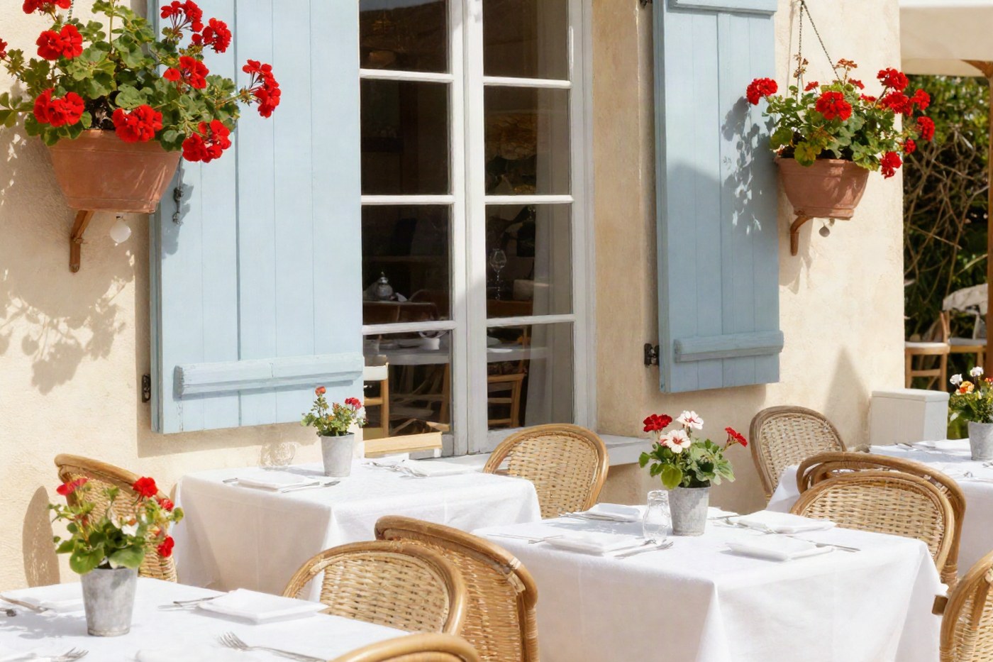 Słoneczny taras francuskiego bistro z białymi obrusami i pelargoniami