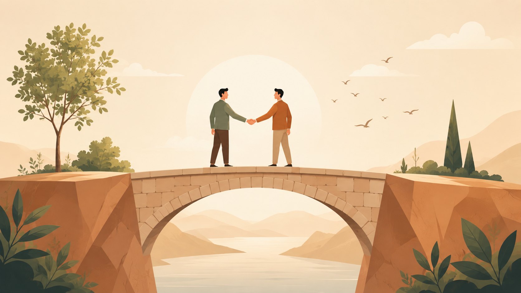 Ilustracja: dwie osoby podają sobie dłonie na kamiennym moście. Symbol zaufania i przejrzystości.