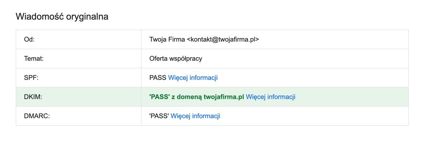 Okno Wiadomość oryginalna z wierszem DKIM oznaczonym na zielono, PASS z domeną twojafirma.pl