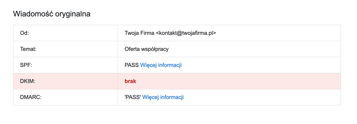 Okno Wiadomość oryginalna z wierszem DKIM oznaczonym na czerwono słowem brak