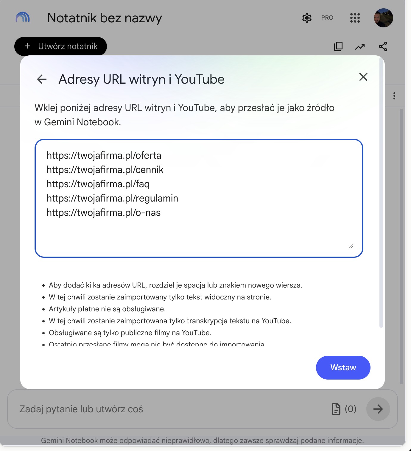 Okno Adresy URL witryn w Notatniku Gemini z wklejonymi adresami podstron damiannowak.pl