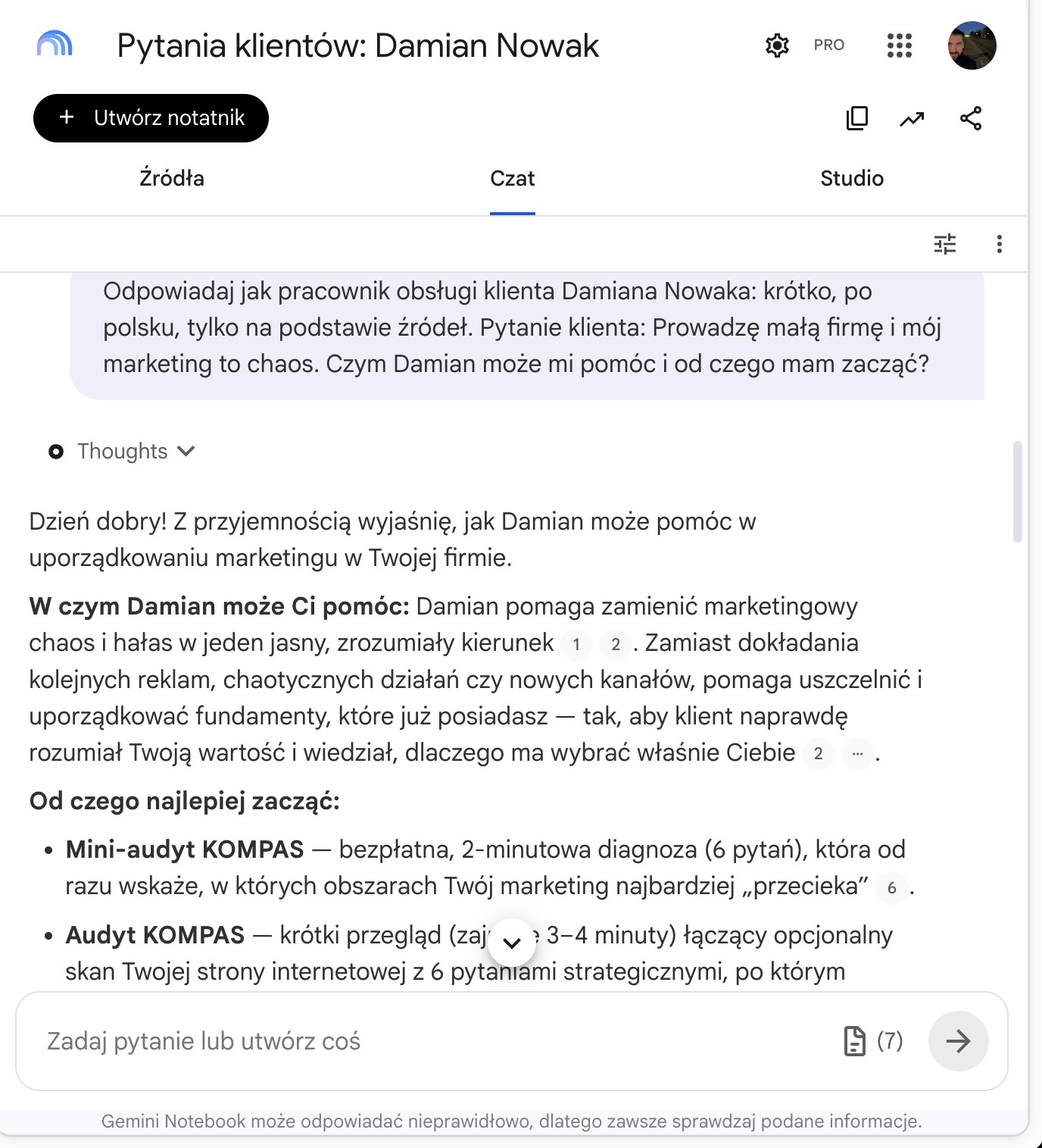 Odpowiedź asystenta na pytanie klienta z numerami źródeł przy każdym zdaniu
