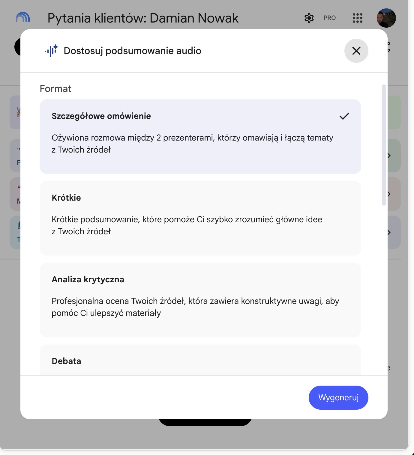 Okno Dostosuj podsumowanie audio z formatami: szczegółowe omówienie, krótkie, analiza krytyczna, debata