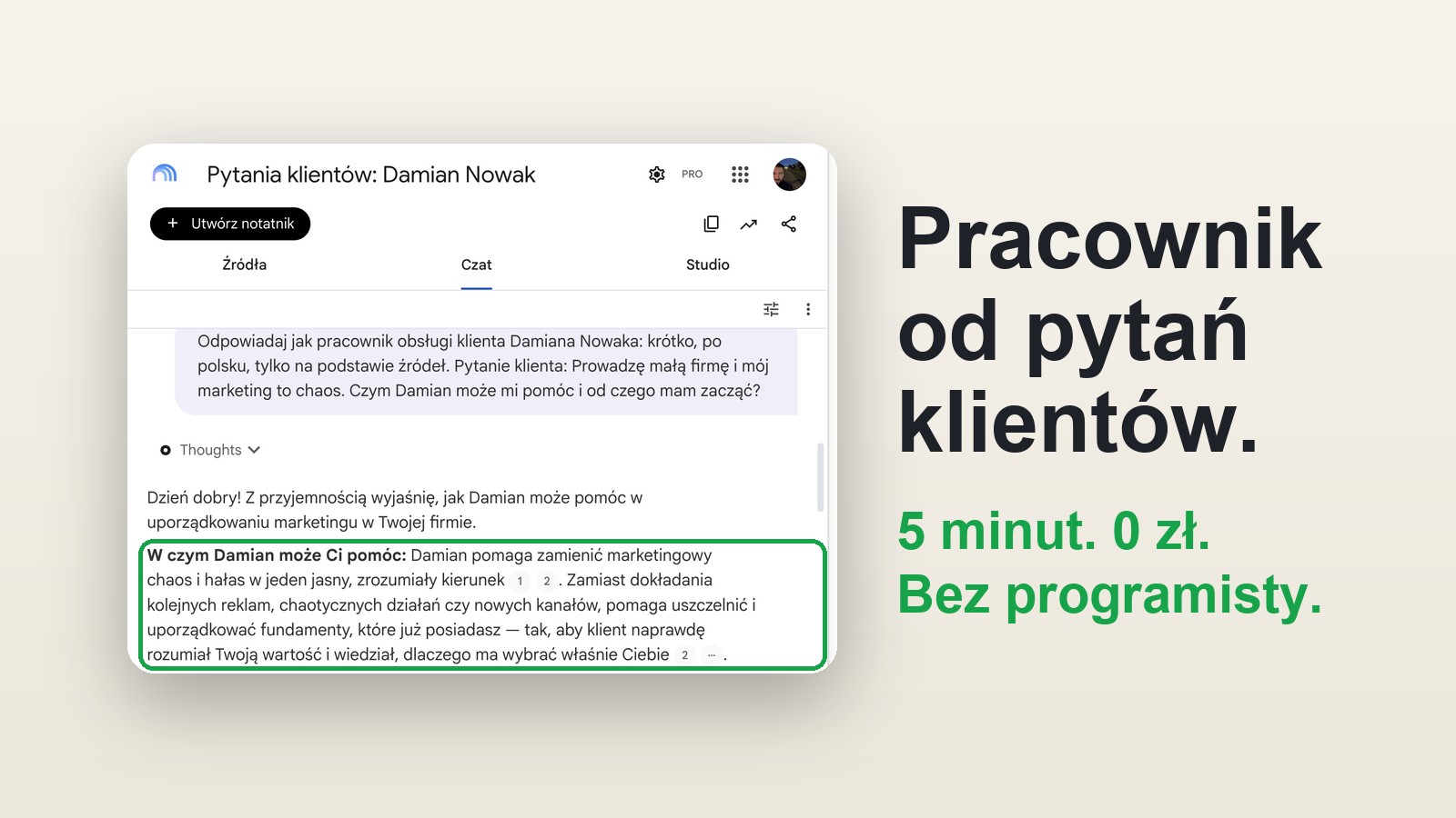 Notatnik Gemini odpowiada na pytanie klienta na podstawie strony damiannowak.pl; obok napis: pracownik od pytań klientów, 5 minut, 0 zł