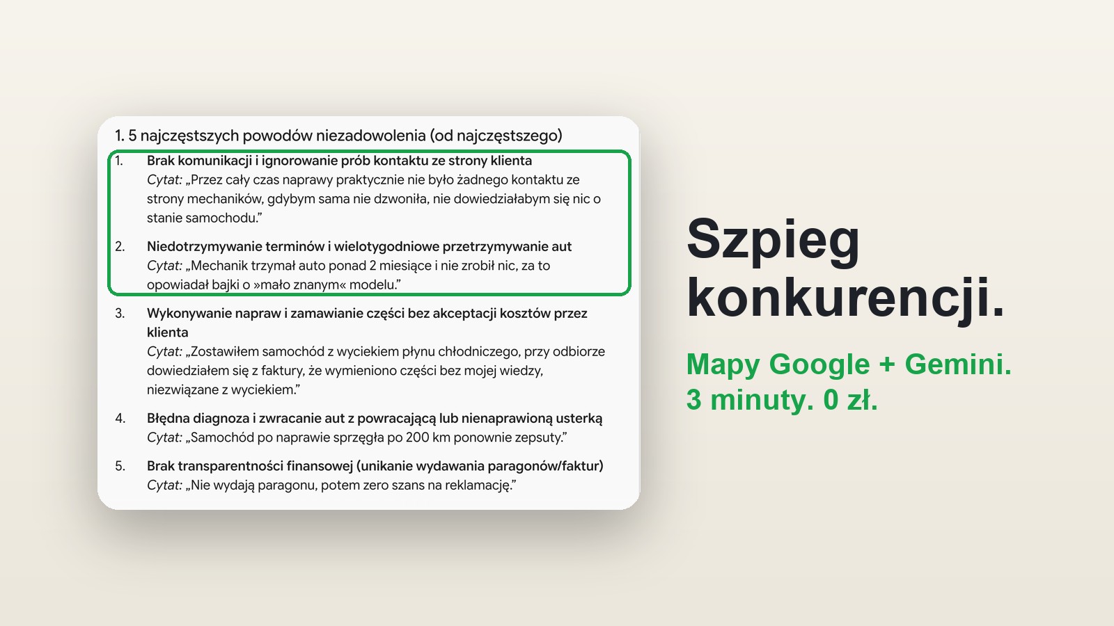 Odpowiedź Gemini z listą pięciu najczęstszych powodów niezadowolenia klientów, obok napis: szpieg konkurencji, Mapy Google + Gemini, 3 minuty