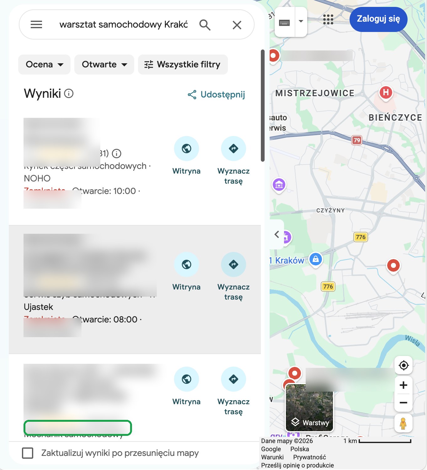 Wyniki wyszukiwania warsztat samochodowy Kraków na Mapach Google, lista firm z liczbą opinii