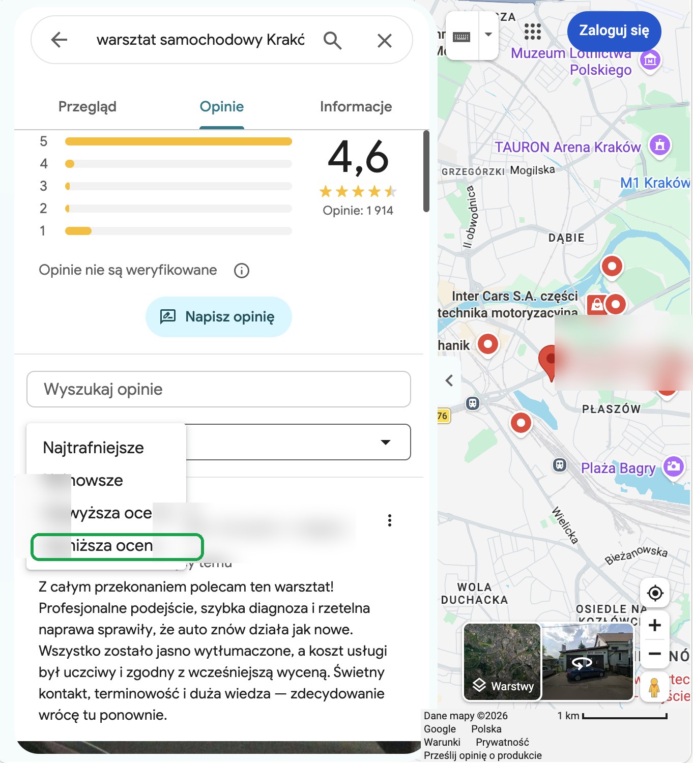 Zakładka Opinie na Mapach Google z rozwiniętą listą sortowania: Najtrafniejsze, Najnowsze, Najwyższa ocena, Najniższa ocena