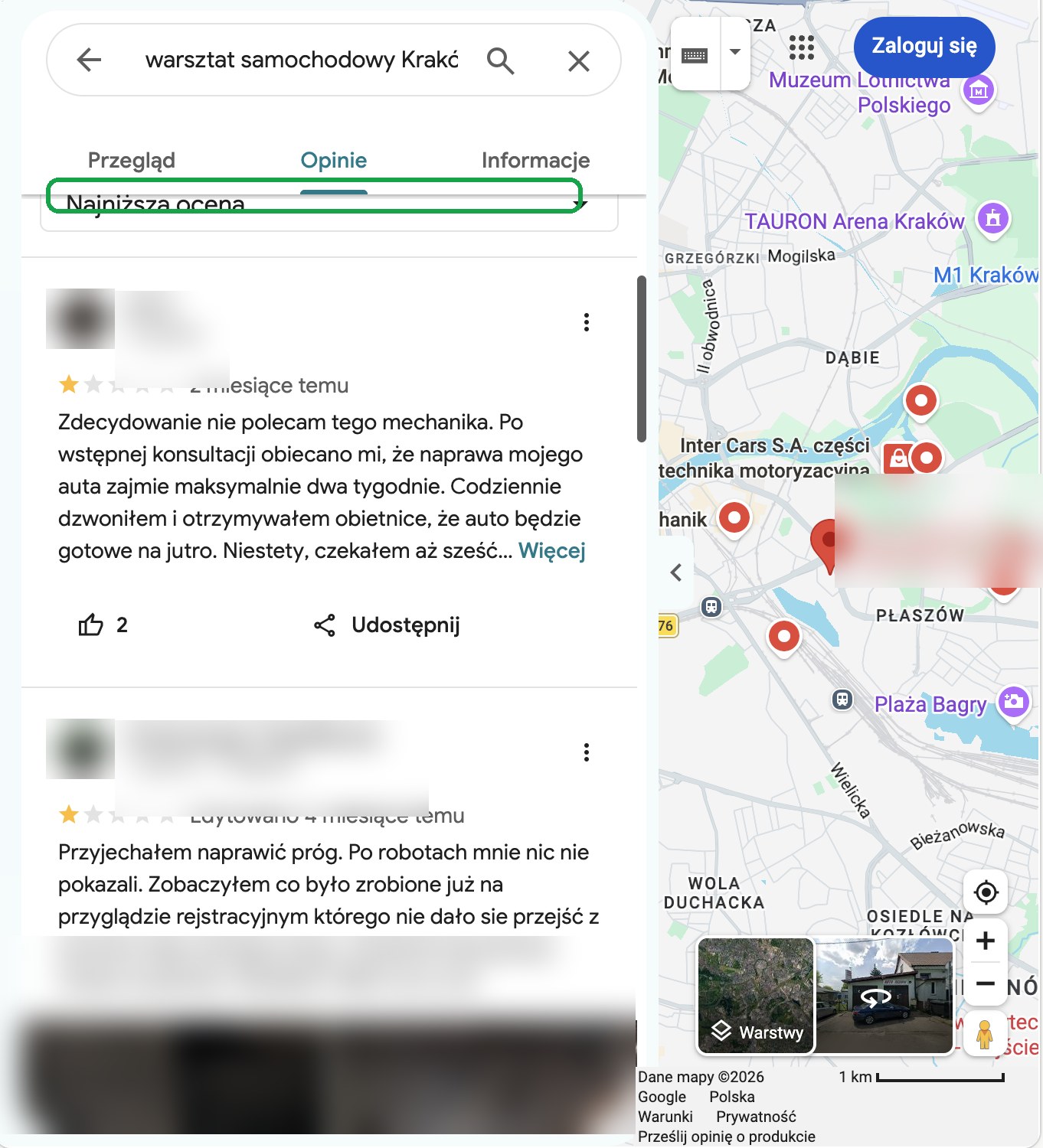 Lista najniżej ocenionych opinii o warsztacie samochodowym na Mapach Google, nazwiska autorów zamazane