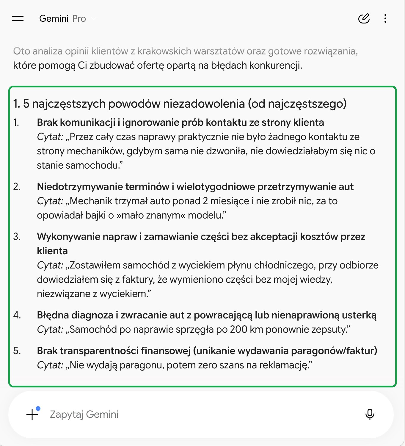 Odpowiedź Gemini: pięć najczęstszych powodów niezadowolenia klientów warsztatów z cytatami z opinii