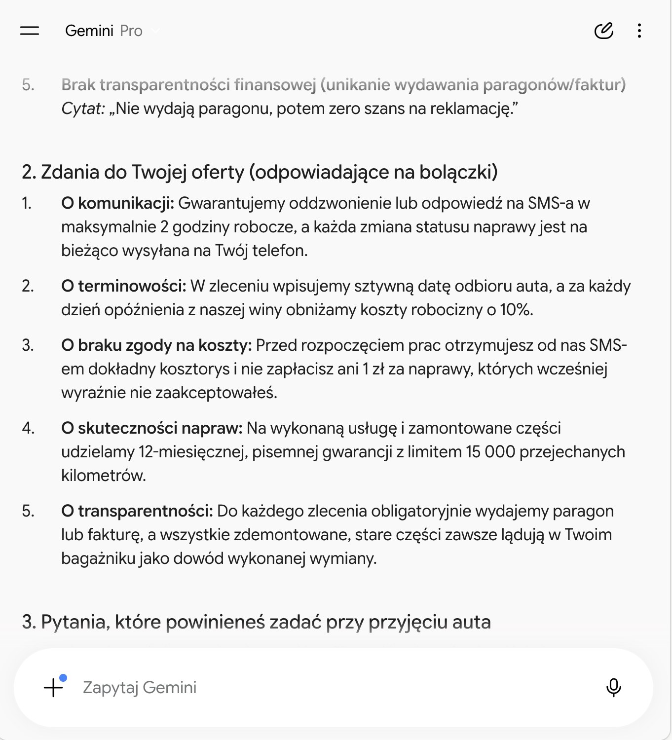 Odpowiedź Gemini: pięć zdań do oferty warsztatu odpowiadających na bolączki klientów