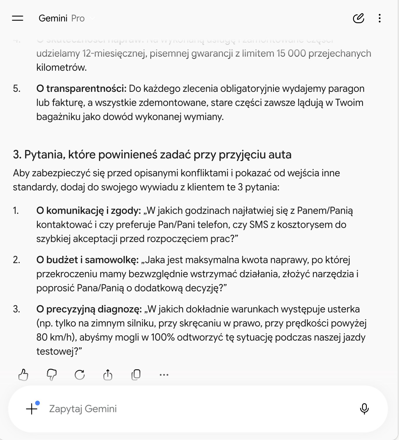 Odpowiedź Gemini: trzy pytania do zadania klientowi przy przyjęciu auta