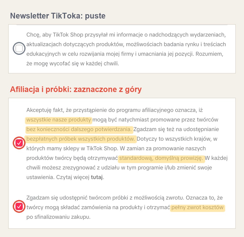 Porównanie zgód w formularzu TikTok Shop: pole newslettera TikToka jest puste, a pola o programie afiliacyjnym i próbkach z możliwością zwrotu są zaznaczone z góry